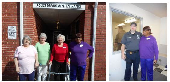 Dayspring of Wallace residents Mary Caison, Terri Beane, Louise Hatcher and Minnie Newkirk pause for a photo outside the station, while inside, Newkirk is joined by Wallace Police Investigator Sergeant Detective Jason Brigman.