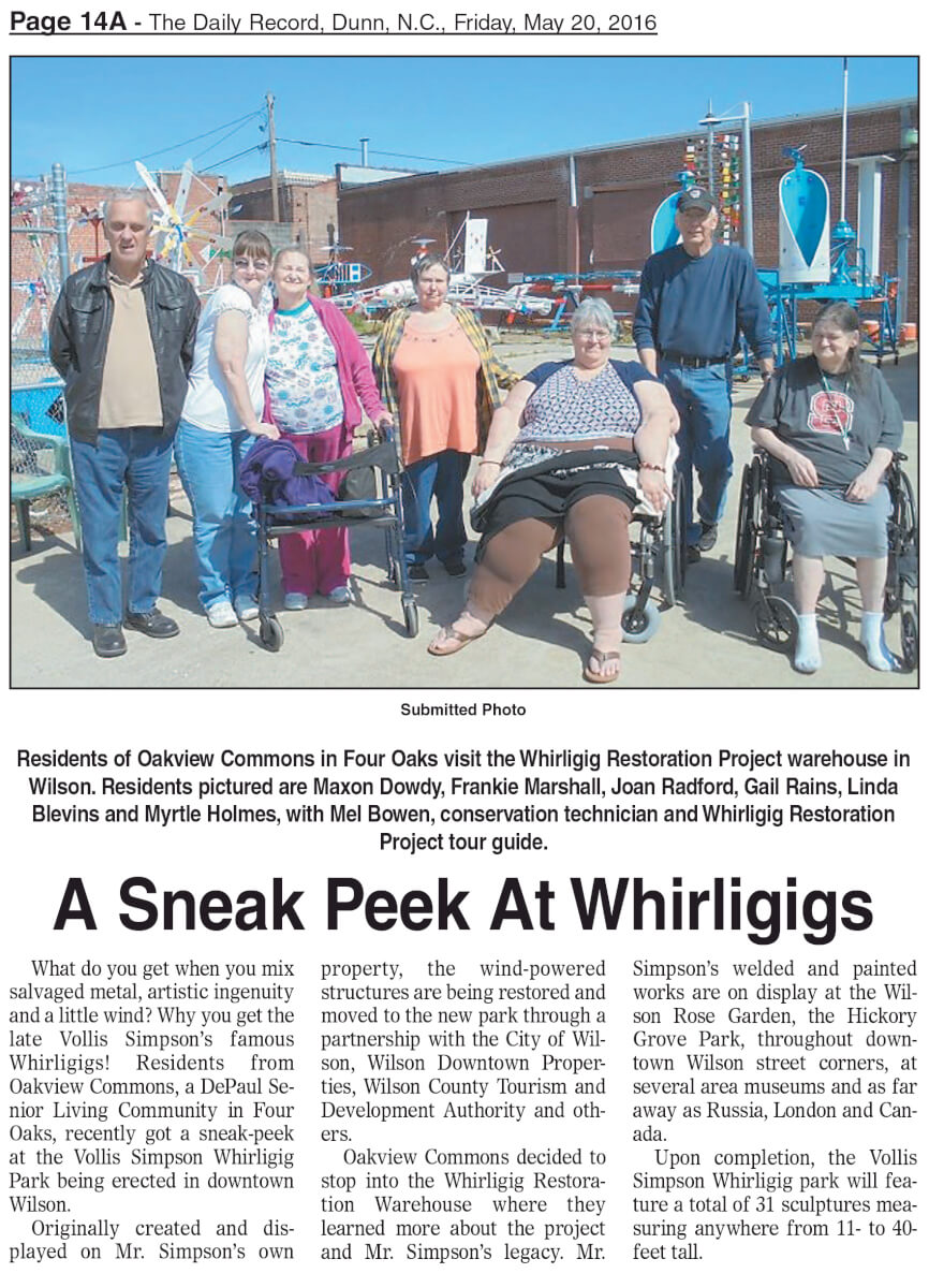 Oakview Commons, a DePaul Senior Living Community at Whirligigs Restoration Project, article in the daily record May 20, 2016