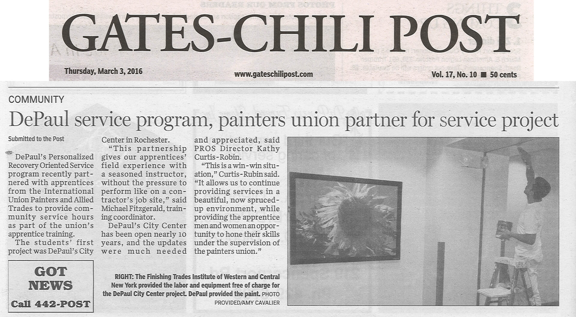 DePaul PROS Partnership with Painters Union article in the Gates Chili Post March 3, 2016