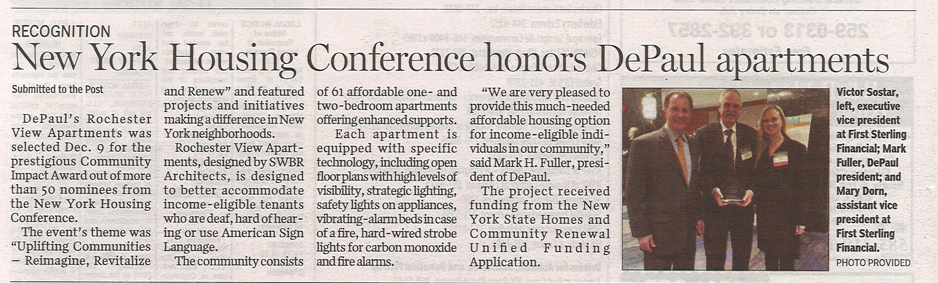 RVA Comunity Impact Award from New York Housing Conference story in the Henrietta Post February 11, 2016