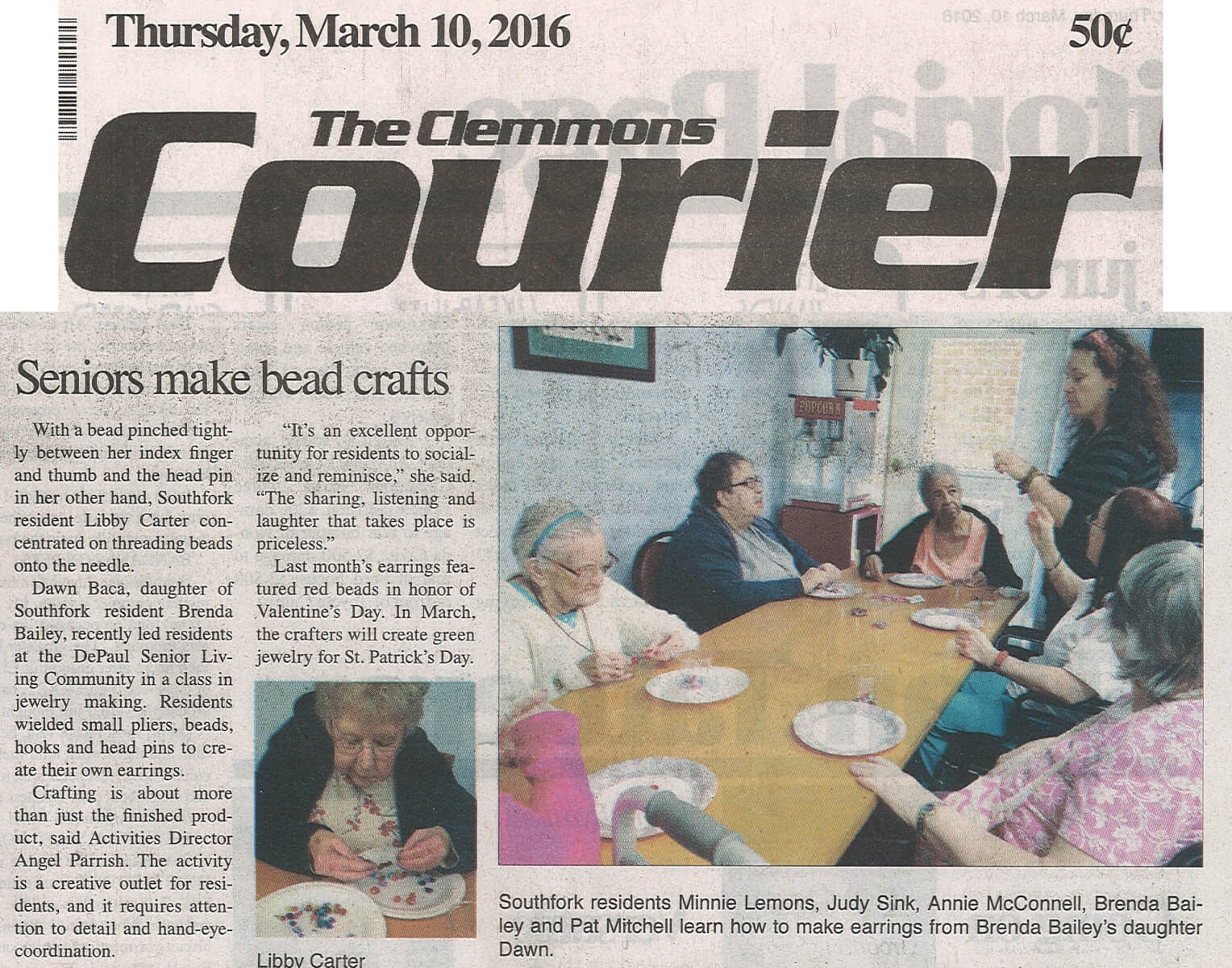 Southfork residents make Earrings story in the Clemmons Courier March 10, 2016