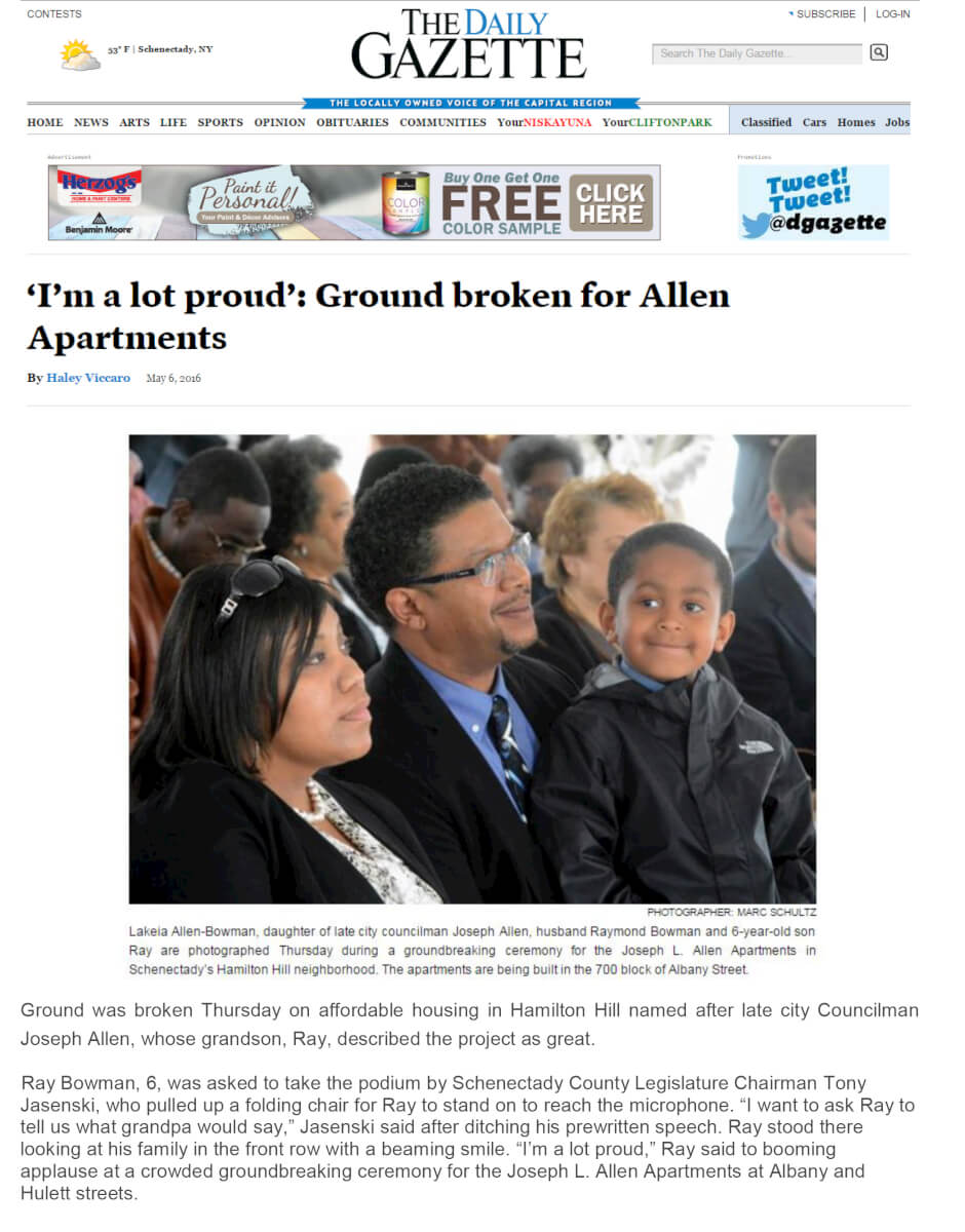 The Daily Gazette article on the Joseph L. Allen Apartments Groundbreaking in Schenectady, NY May 2016