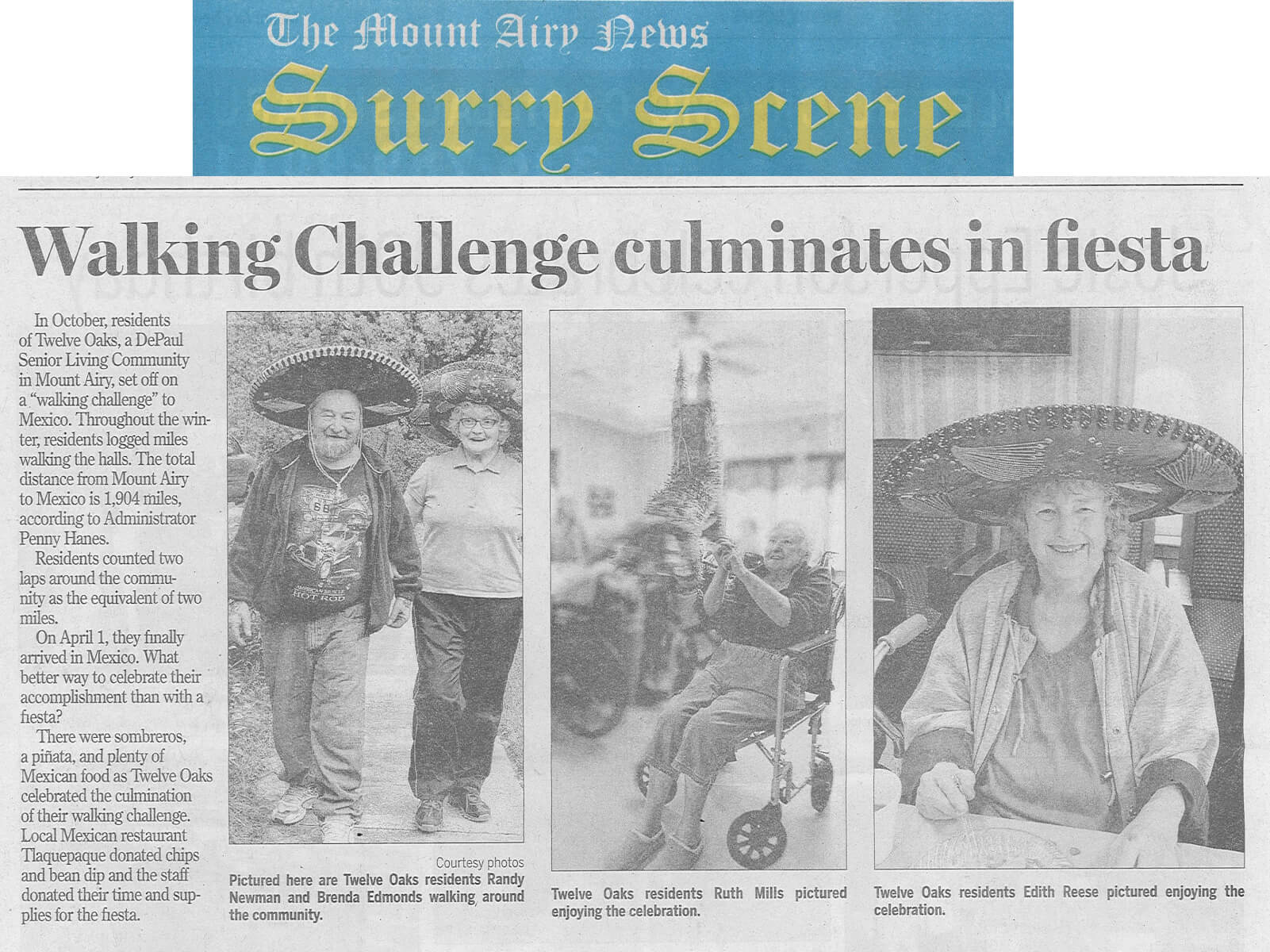 Twelve Oaks Walking Challenge turns into a party, article in the Mount Airy News May 19, 2016