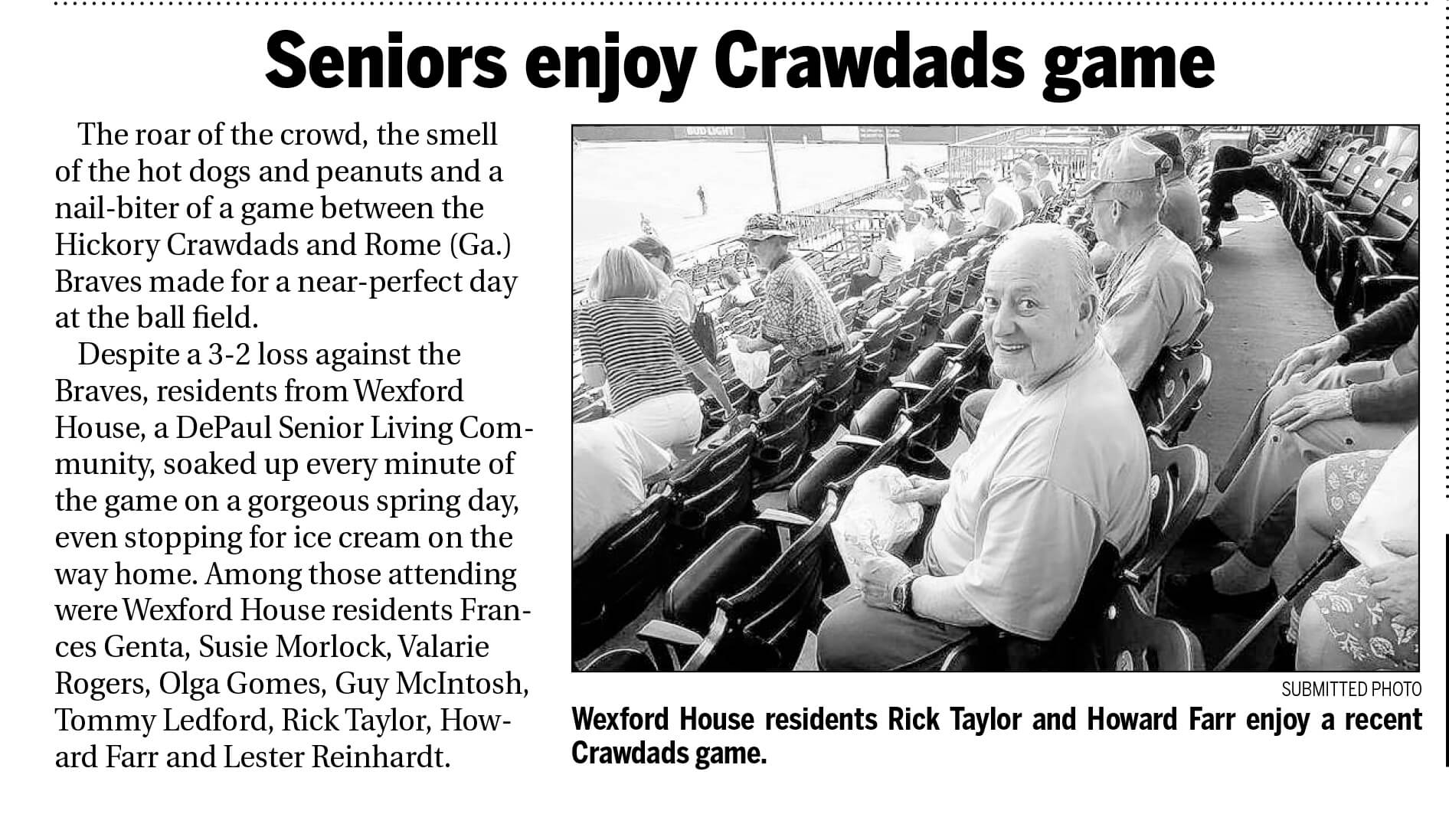 Wexford House Seniors enjoy Crawdads Game June 2016