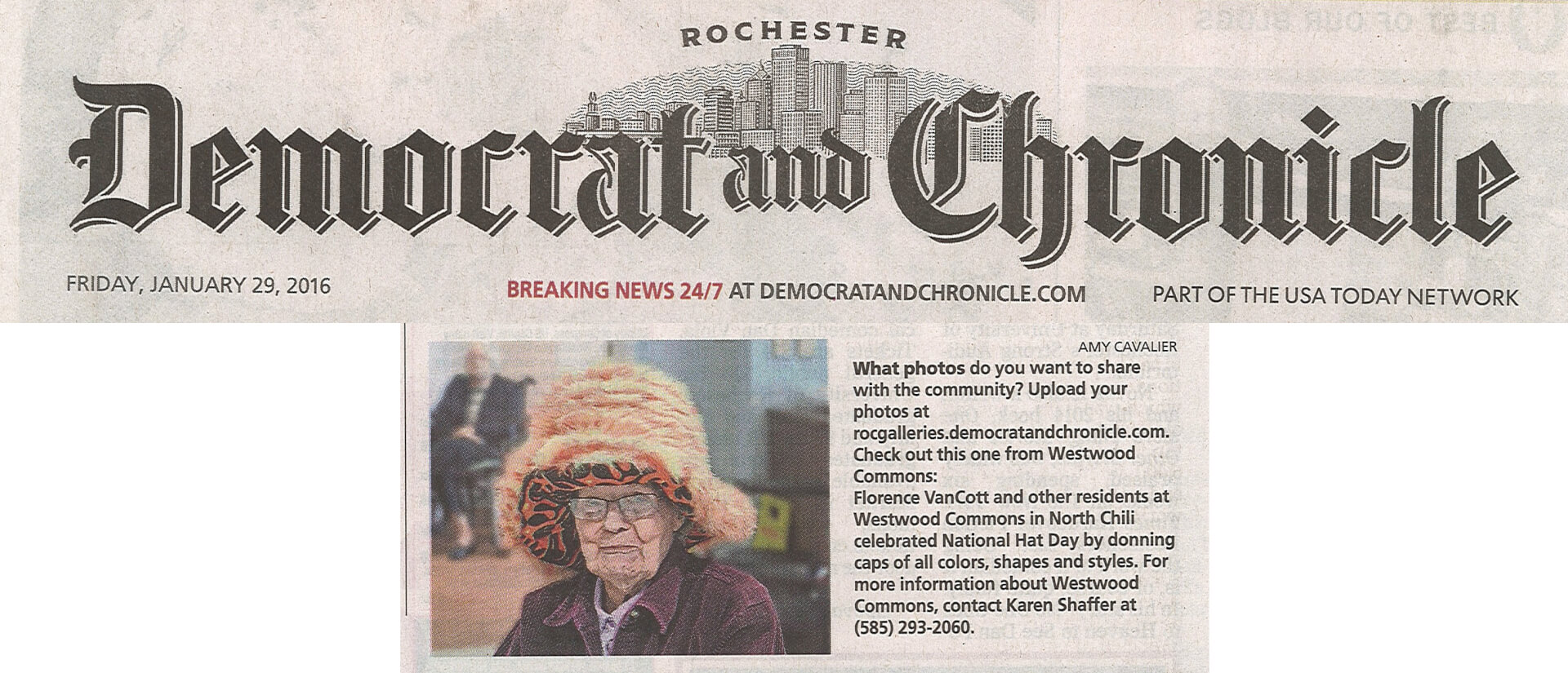 Westwood Commons Hat Day in the Democrat and Chronicle January 29, 2016