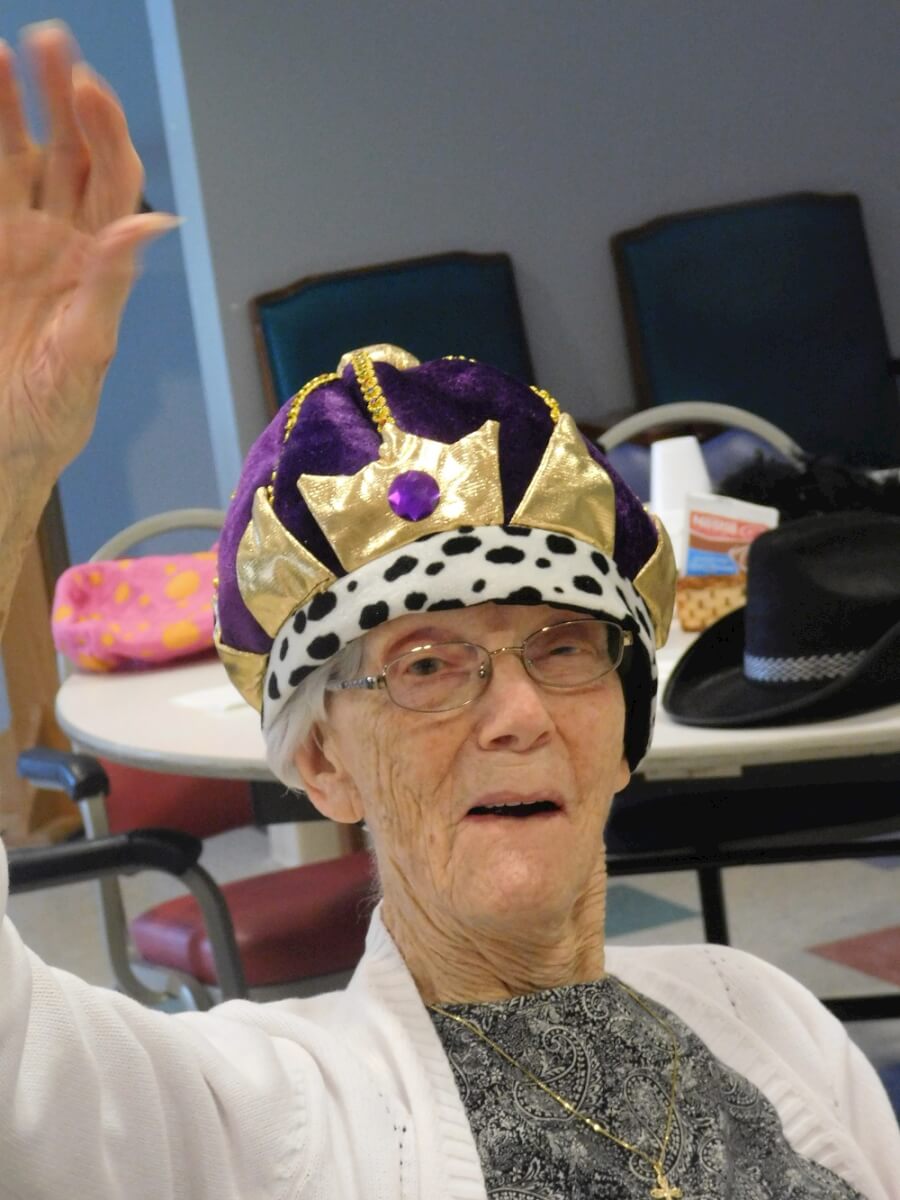 Westwood Commons resident Rosemary Stagg celebrating National Hat Day