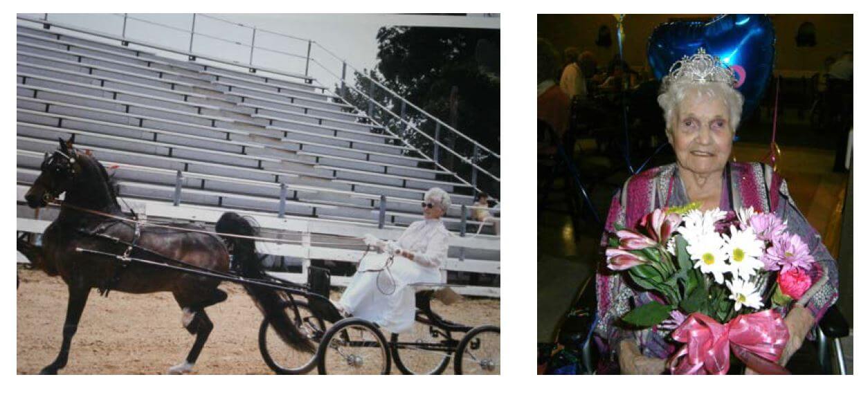 Cambridge House Resident Ruth Nordwick on a horse and carriage and holding flowers on her birthday