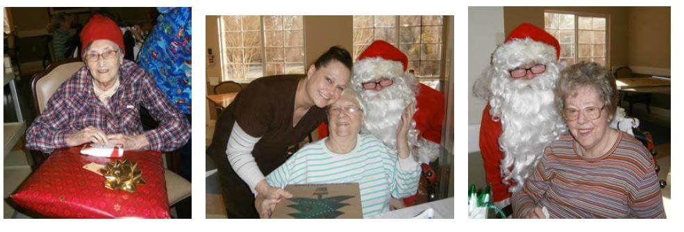 Cambridge House residents and employees with Santa Claus and opening gifts