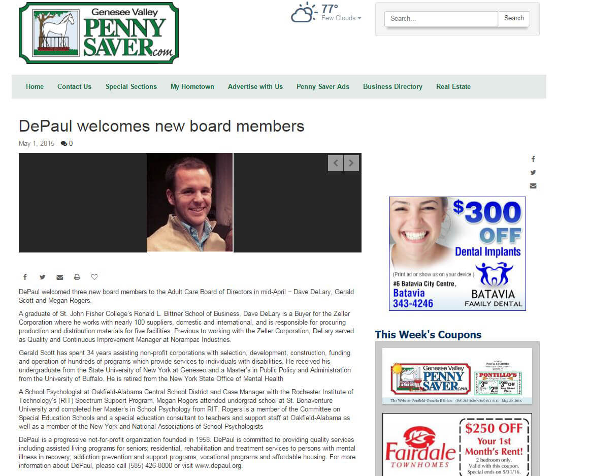 Genesee Valley Pennysaver article about DePaul welcoming New Board Members May 2015