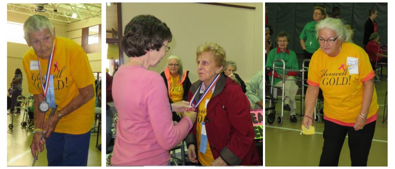 Glenwell resident Shirley Hanes tries her hand at putt-putt golf, Gloria Guadagna receives a medal for her performance in bowling and Karen Mozingo competes in the bean bag toss at DePaul’s ninth annual Senior Olympics.