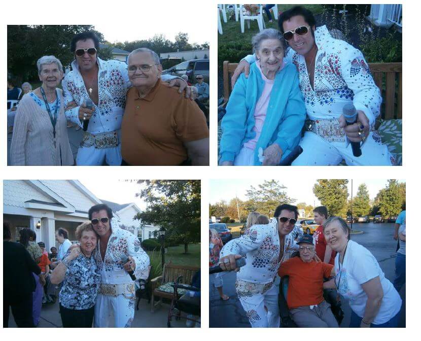 Elvis impersonator Terry Buchwald posing with residents of Glenwell, a DePaul Senior Living Community