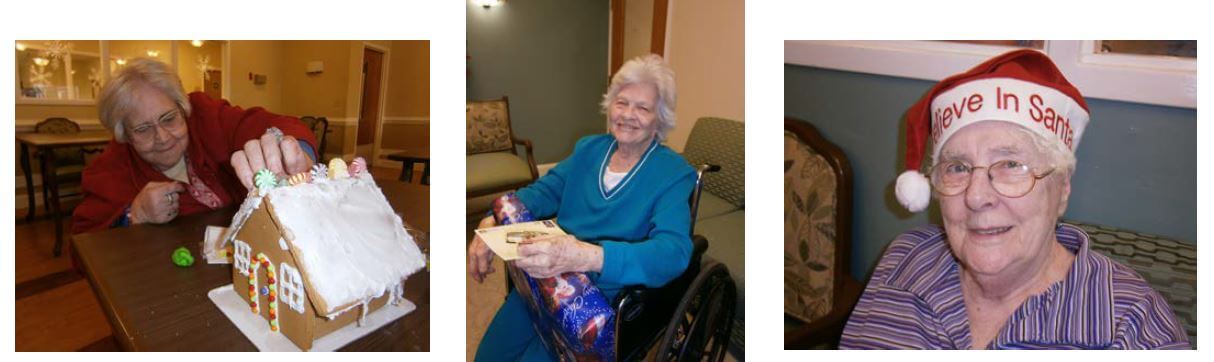 Hickory Village residents decorating a gingerbread house, opening a card and wearing a Santa hat