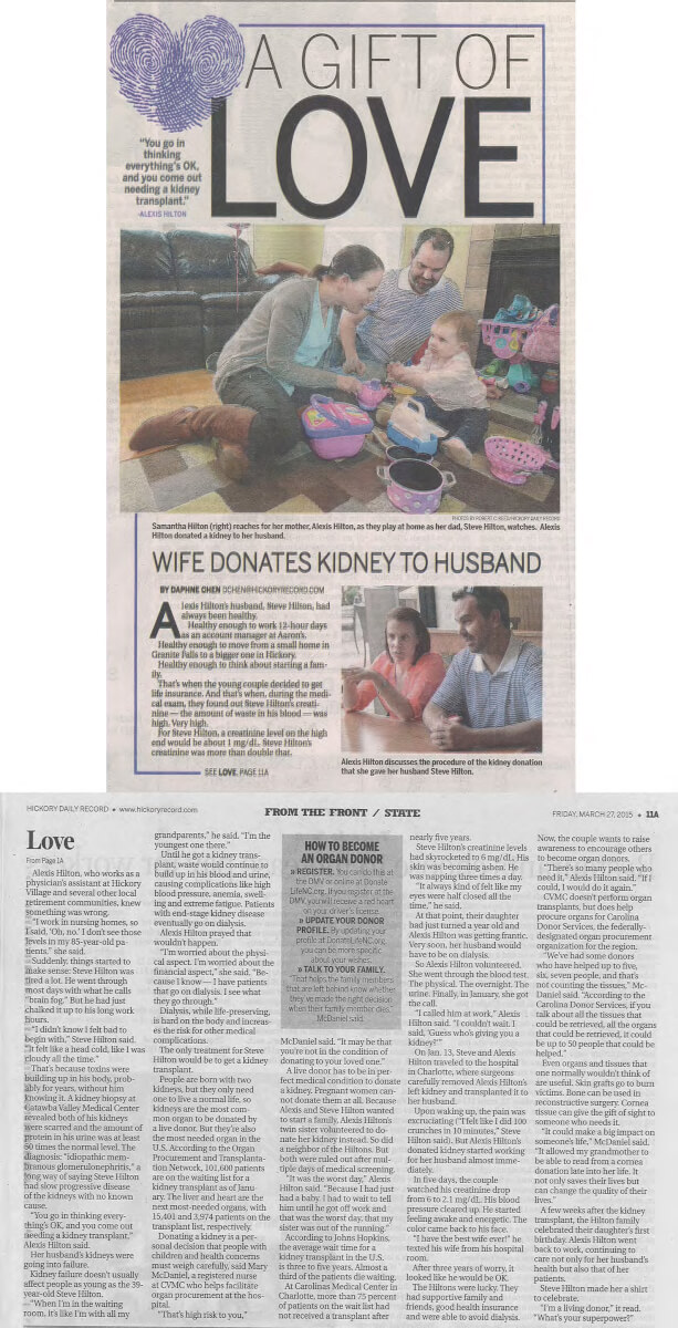 Hickory Village Kidney Donation story in the Hickory Daily Record on March 27, 2015