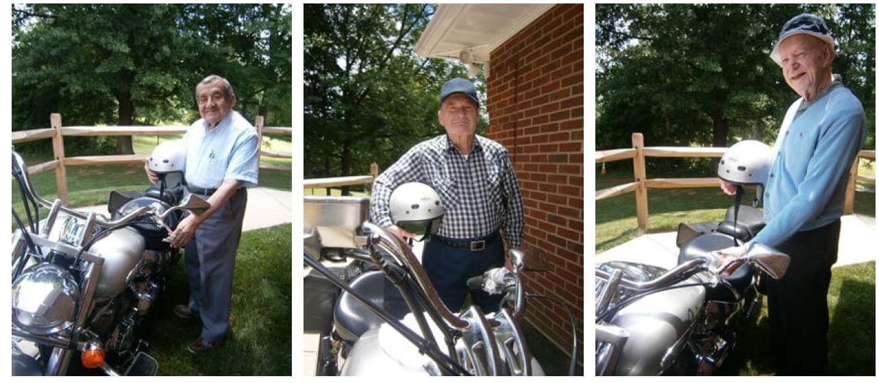 Hickory Village Memory Care residents Jorge Escobar, Paul Vines and Billy Shuford pose next to a Honda 900 Series