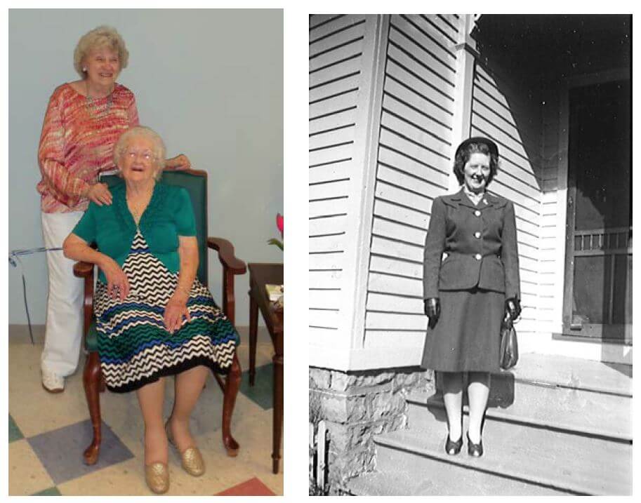 Westwood Commons resident Mary Sherry is pictured on the left with a friend during a recent birthday celebration and at 28-years-old on the right.