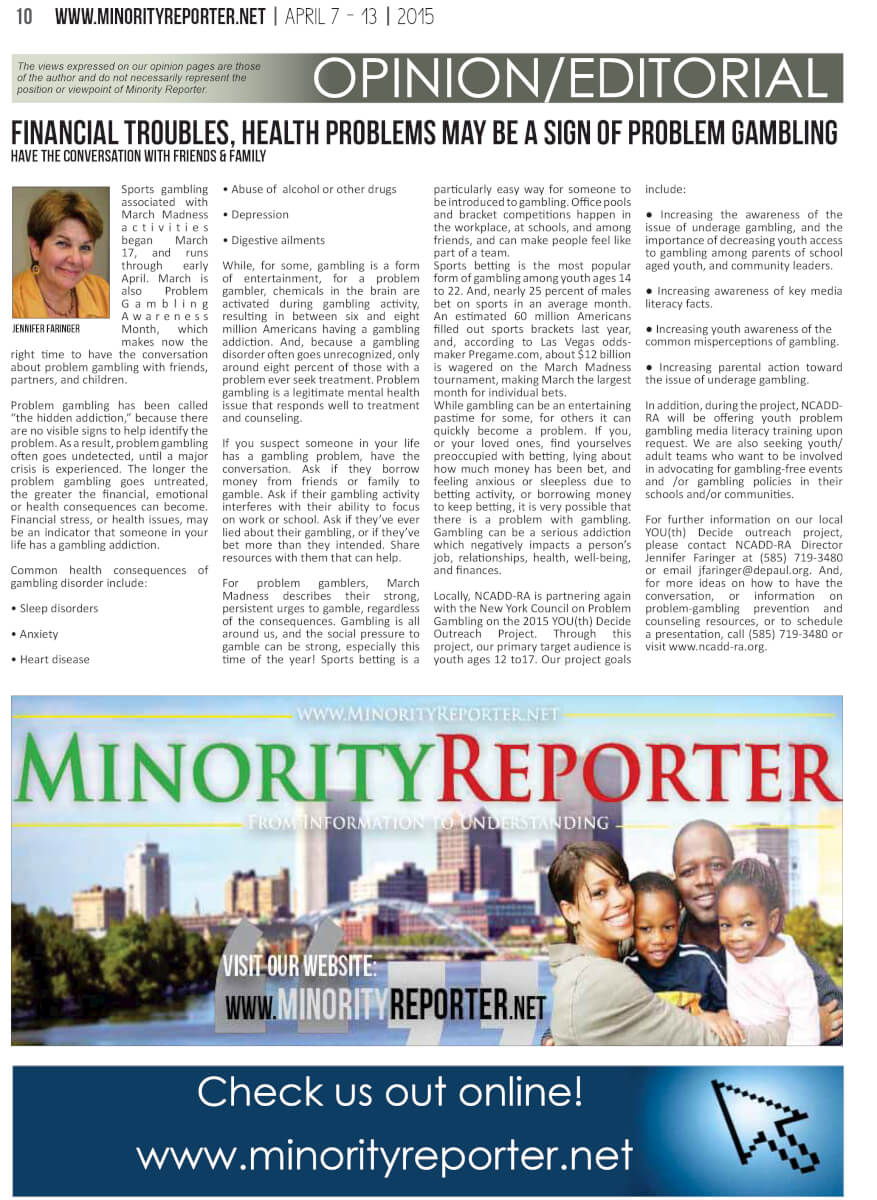 Financial Troubles, Health Problems May be a Sign of Problem Gambling, article by Jennifer Faringer in the minority reporter on April 7-13, 2015