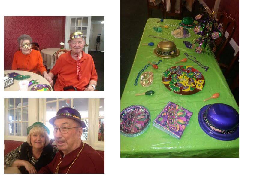 showing off their Mardi Gras pride are Pee Dee Gardens residents Dorothy and Richard Floyd and resident Bobby Hicks with his daughter Becky Morris