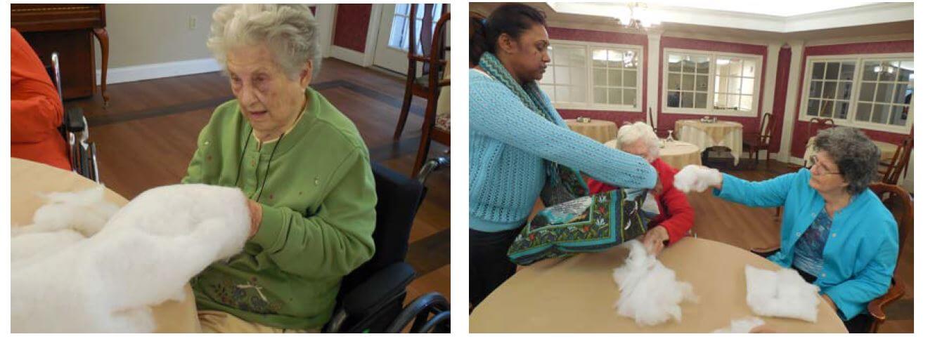  Pee Dee Gardens resident Florence Barton and Faye Howle assist in the pillow making project