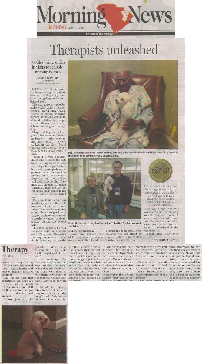 Pee Dee Gardens Pet Therapy article in the Morning News March 9, 2015