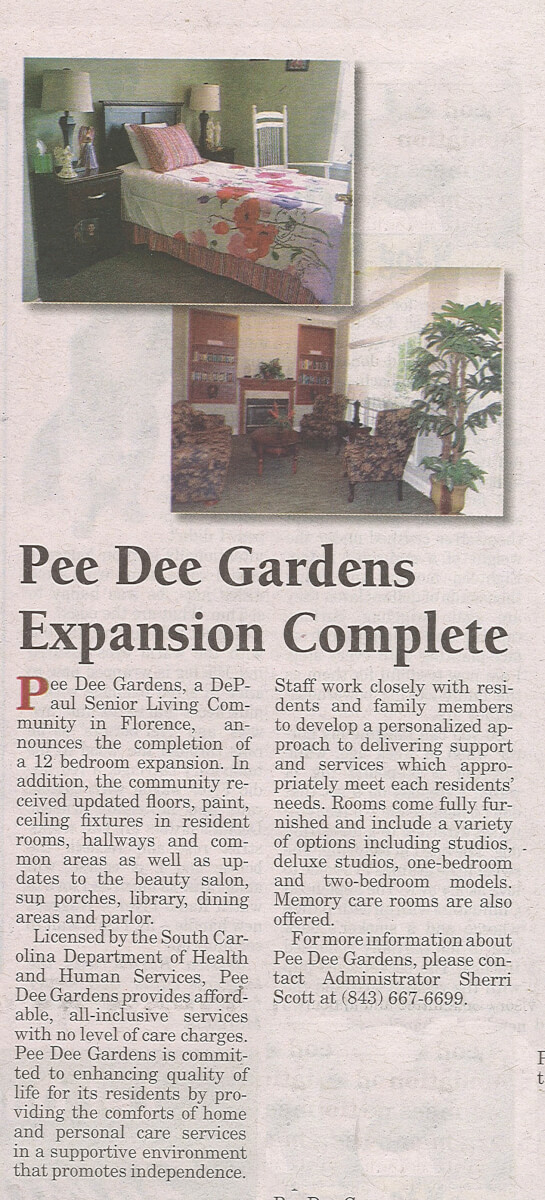 Pee Dee Gardens Renovations Complete article from May 2015 in the Golden Times