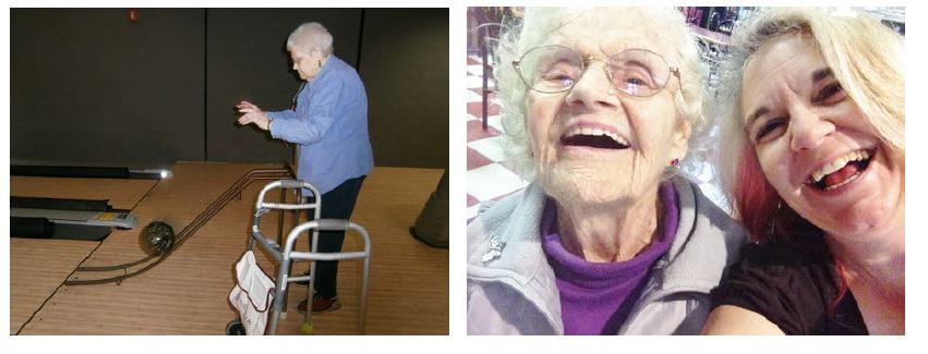  Southfork resident Jean Ouellette bowling and Mable Griggs and Activities Director Angel Parrish having a laugh