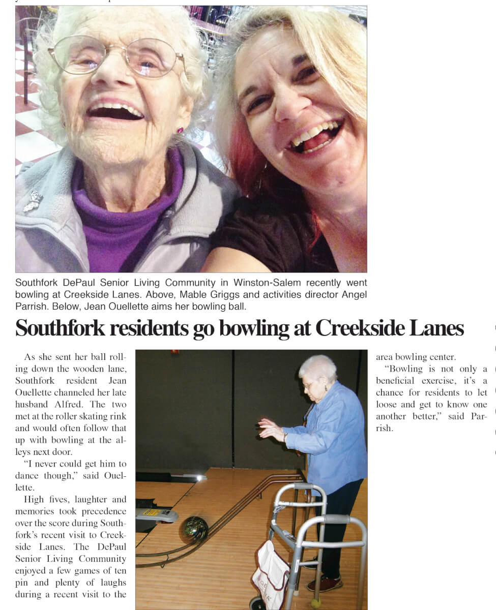 Southfork Goes bowling Creekside Lanes article in the Clemmons Courier April 30, 2015