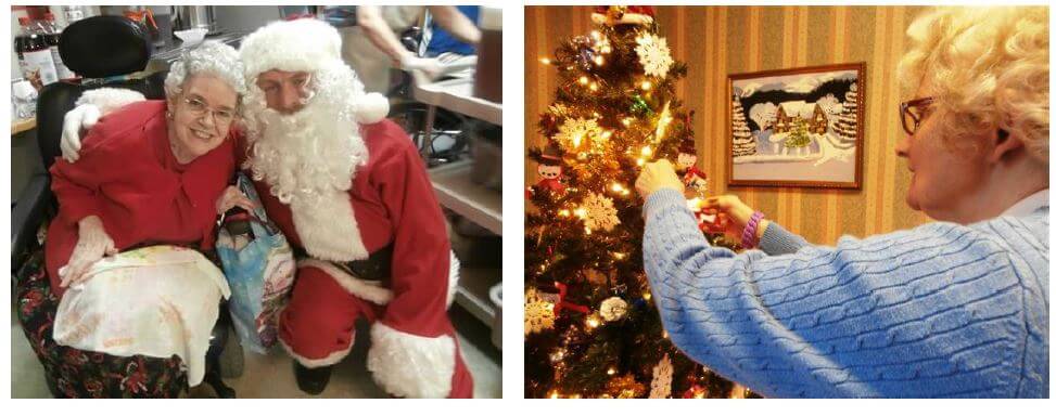 Twelve Oaks Residents posing with Santa and decorating the tree