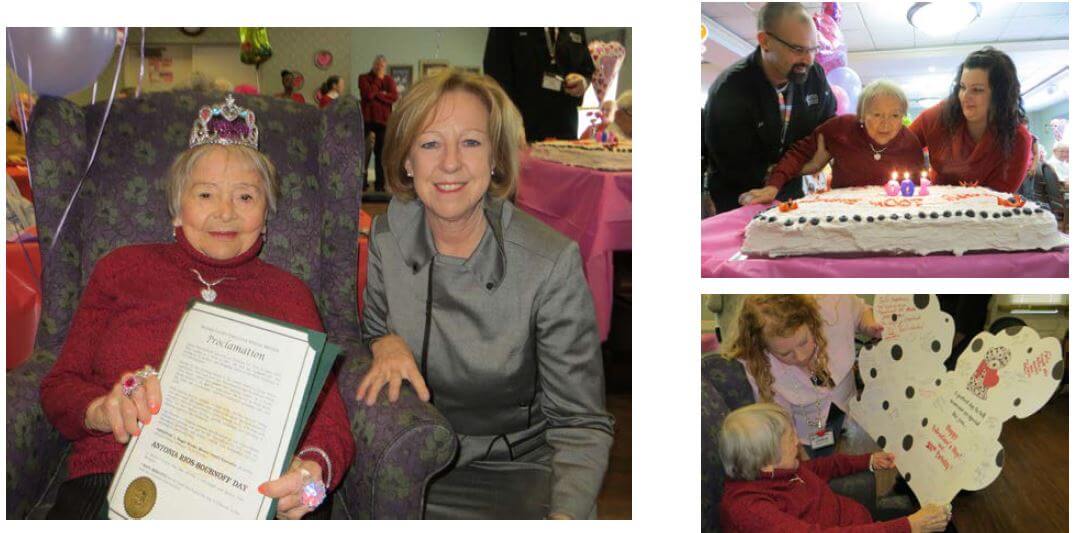 Woodcrest Commons resident Antonia Rios-Boubnoff celebrating her 100th birthday with cake, cards and Maggie Brooks