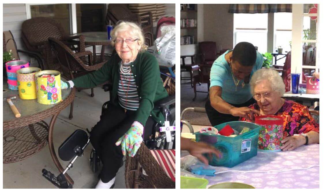 Woodcrest Commons residents planting flowers and doing recycled crafts