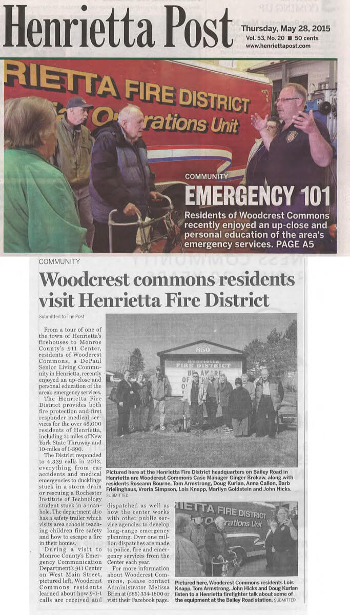 Woodcrest Commons residents learn about Emergency Services in the area article in the Henrietta Post, May 28, 2015