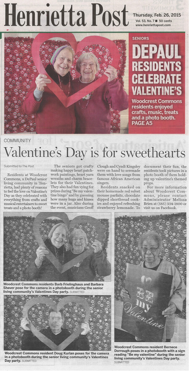 Woodcrest Commons celebrates Valentine's Day, story in the Henrietta Post February 26, 2015