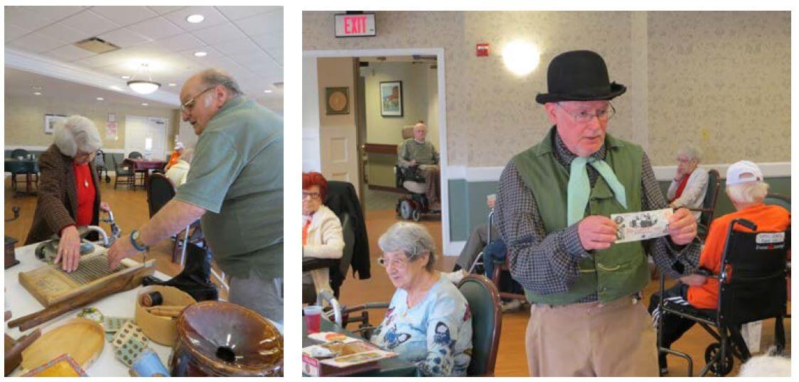 Historical reenactor Jim Brady from the Genesee Valley Country Museum performing for residents at westwood commons