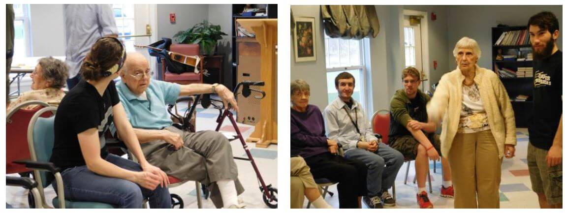 members of the MCC Campus Ambassadors group enjoy intergenerational fun with Westwood Commons residents Frank DiNitto and Josephine Schulte.