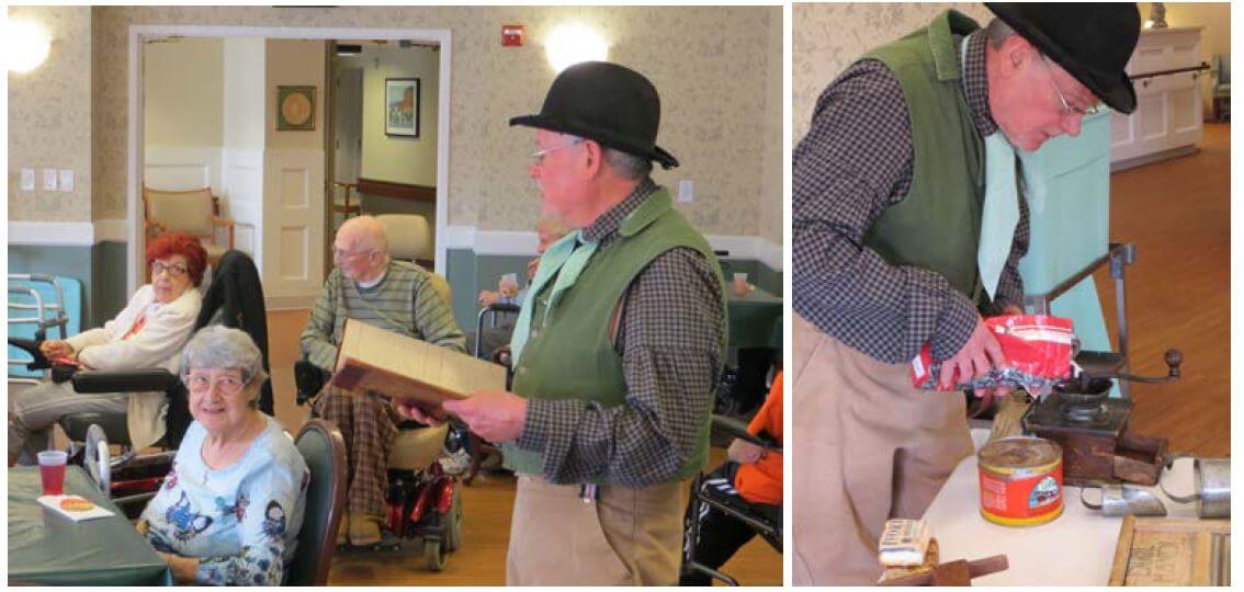 Historical reenactor Jim Brady from the Genesee Valley Country Museum performing for residents at westwood commons