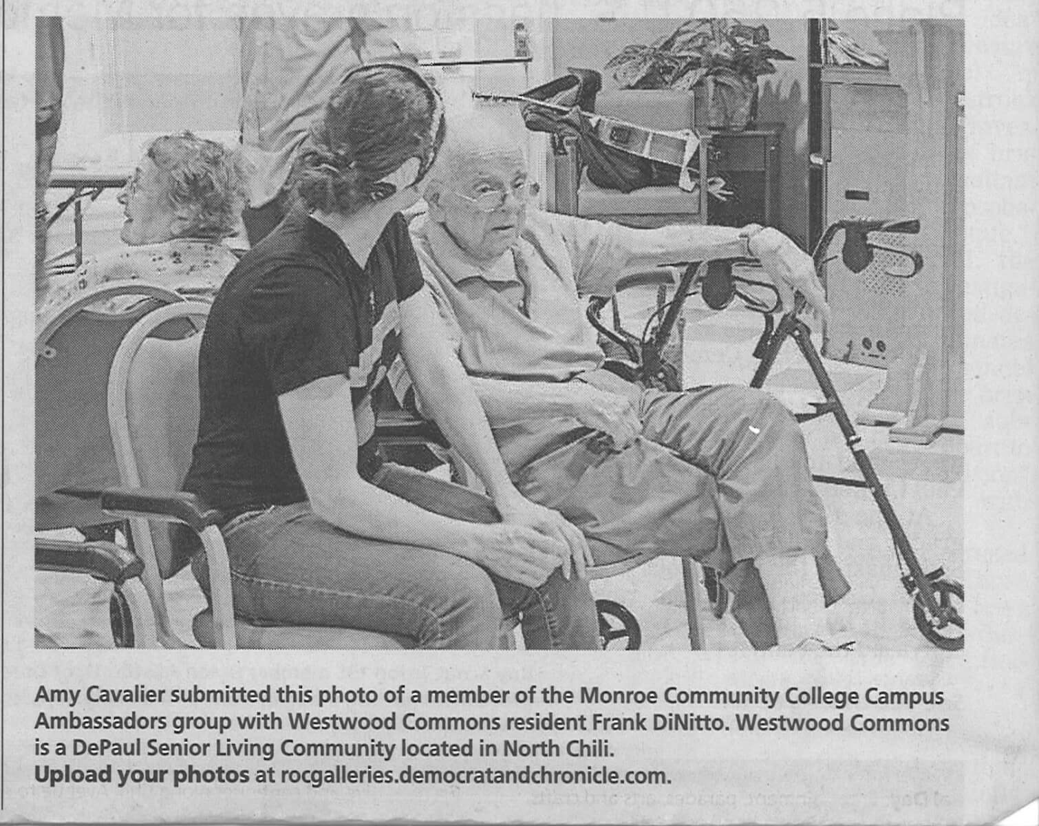 Westwood Commons Resident Frank DiNitto with MCC Campus Ambassadors Group May 22, 2015 in the Democrat and Chronicle