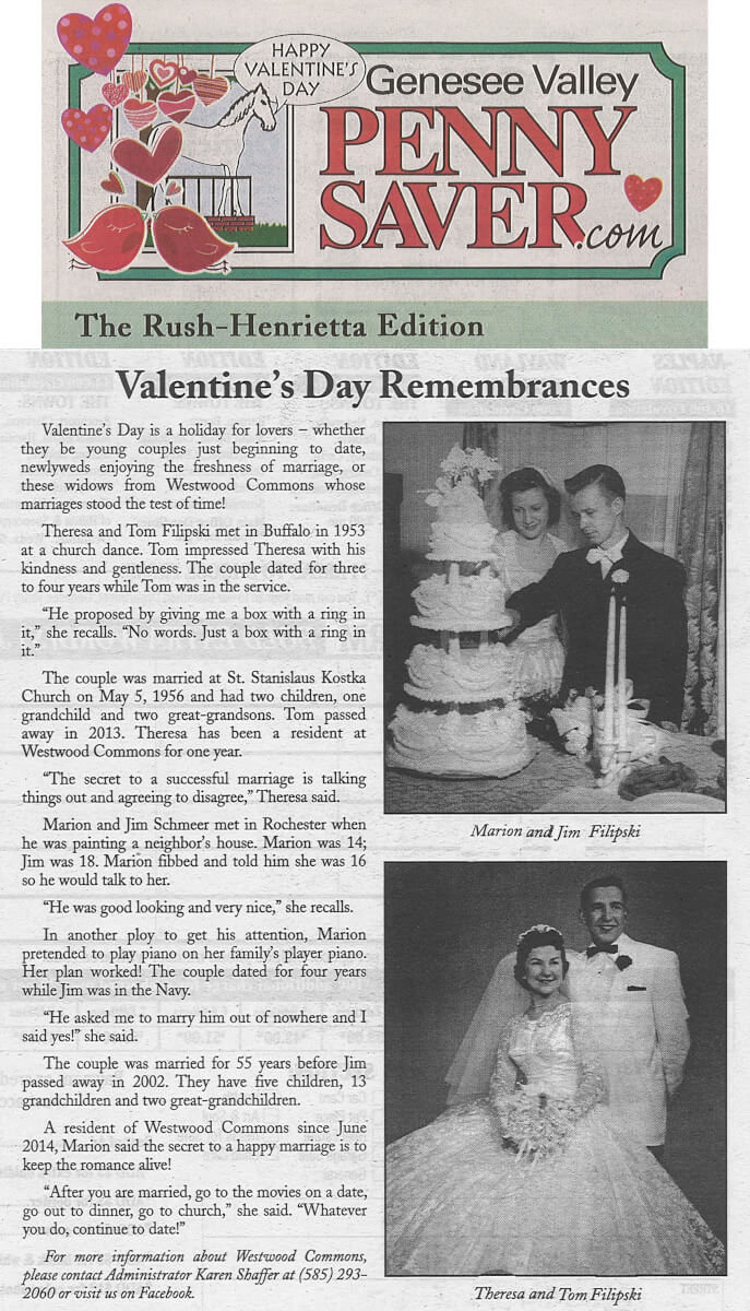 Westwood Commons Valentine's Day Article in the Genesee Valley Penny Saver February 2015