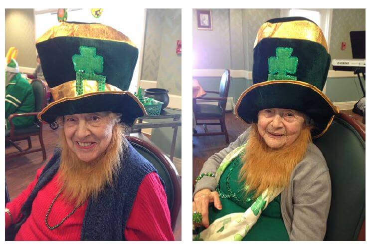 Woodcrest Commons residents Josephine Townley and Antonia Rios dressed as leprechauns 