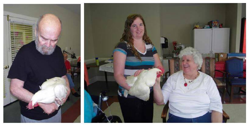 Woodridge residents pictured holding the chickens.