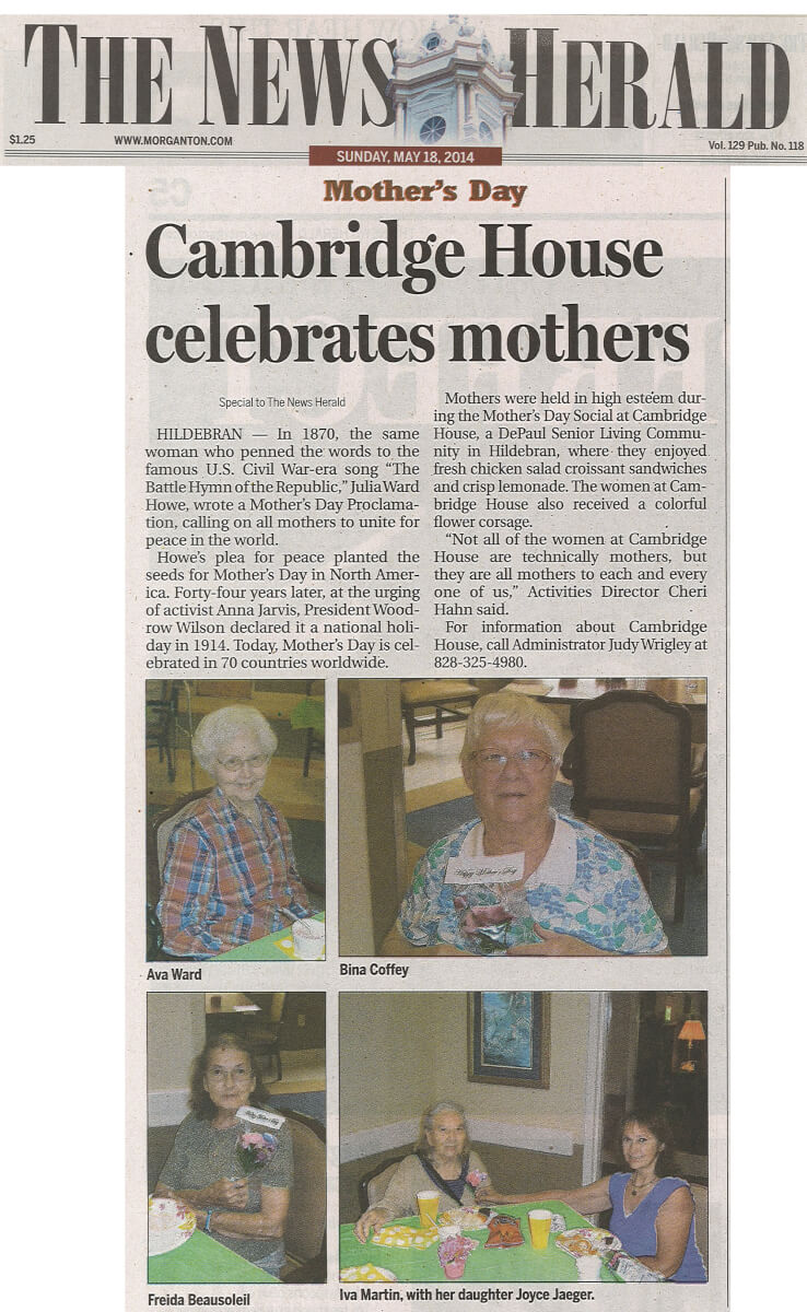 Cambridge House Celebrates Mother's Day story in the News Herald May 18, 2014
