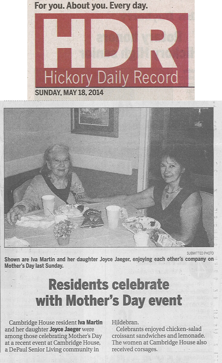 Cambridge House Assisted Living celebrates Mother's Day story in the Hickory Daily Record May 18, 2014