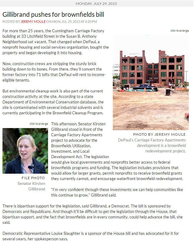Carriage Factory Apartments Bill pushed by Gillibrand Press Conference CITY Newspaper 7.29.2013