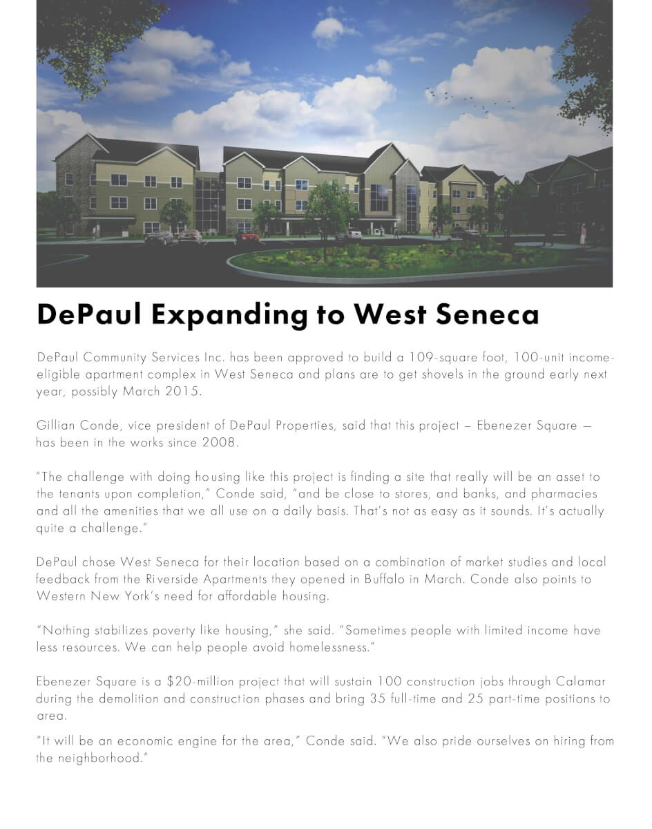 716er Article about DePaul Expanding to West Seneca August 2014