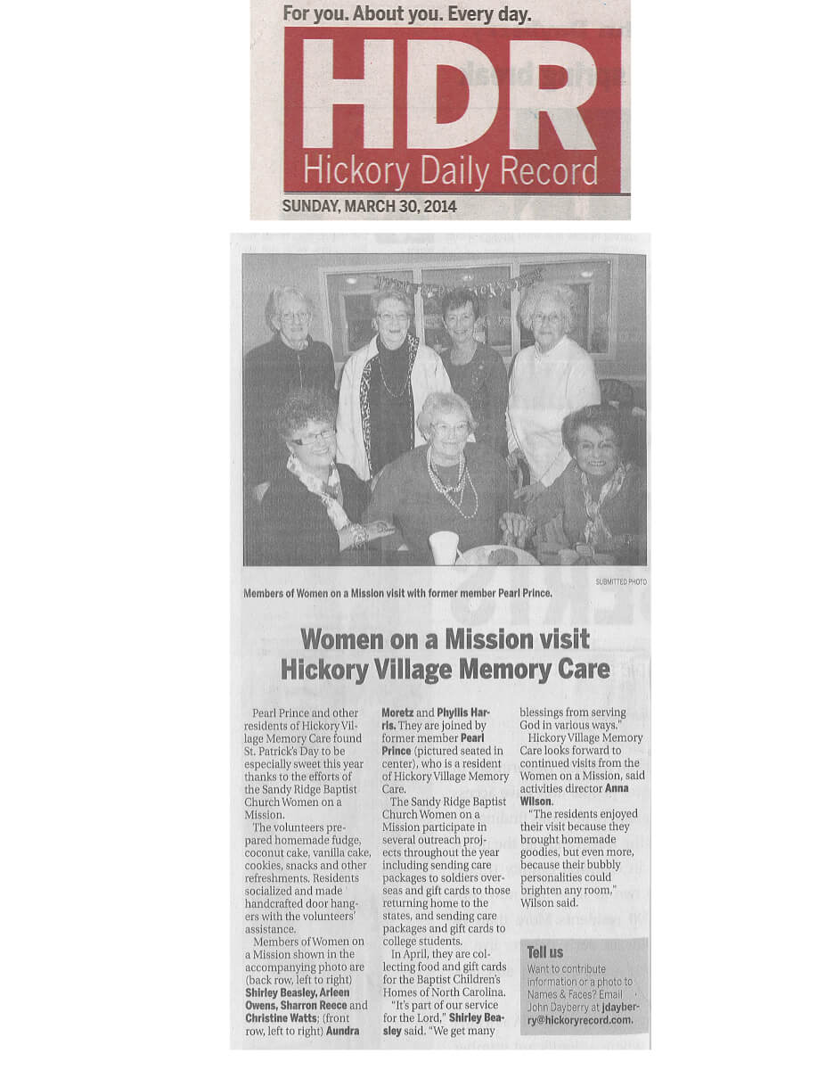 Hickory Village celebrates St Patrick's Day with Women on a Mission Article in the Hickory Daily Record, March 30, 2014