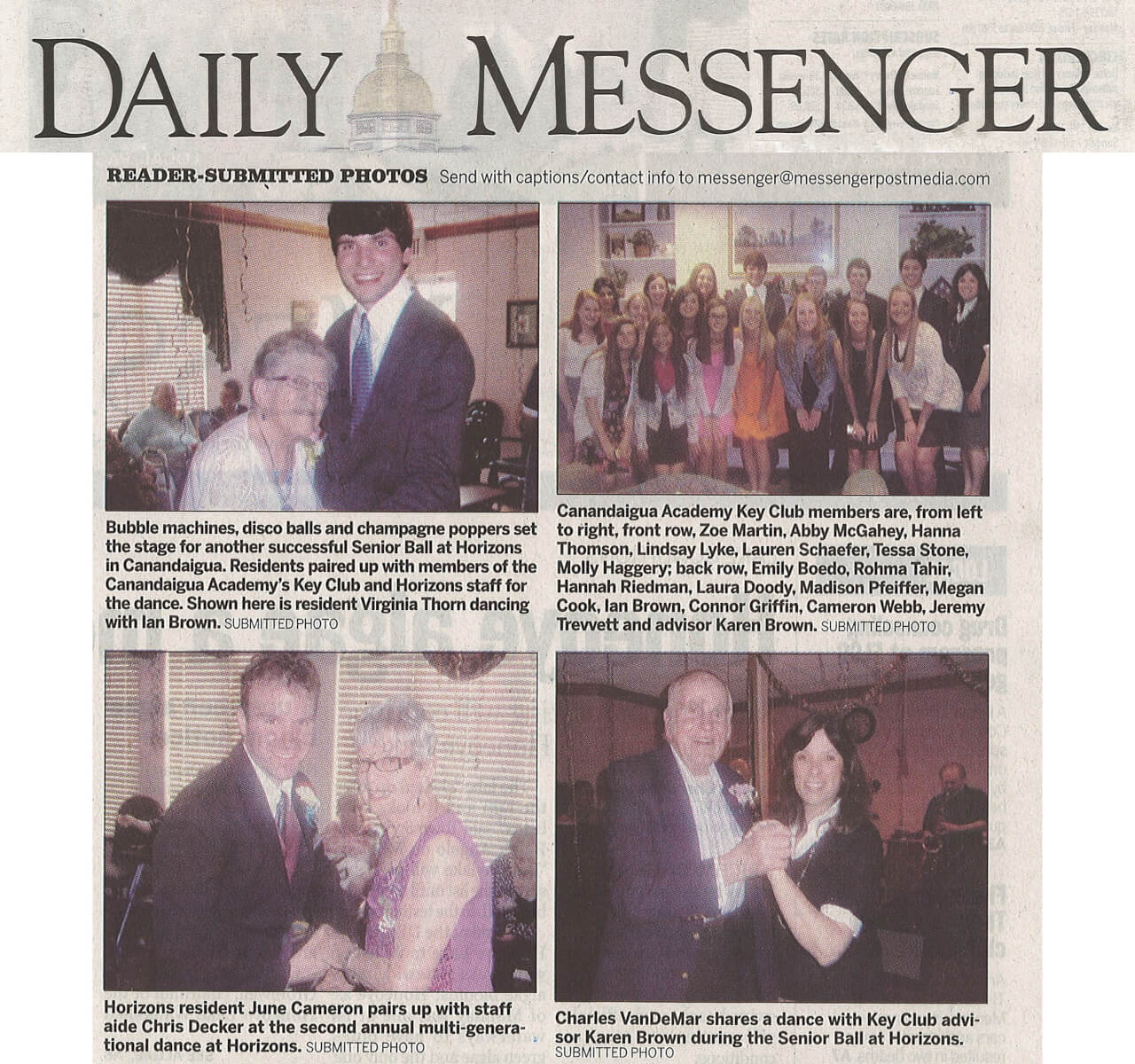 Horizons Senior Ball article in the Daily Messenger July 1, 2014