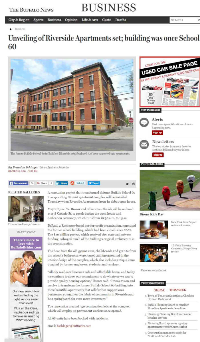 Unveiling of the Riverside Apartments story in the Buffalo News June 2014