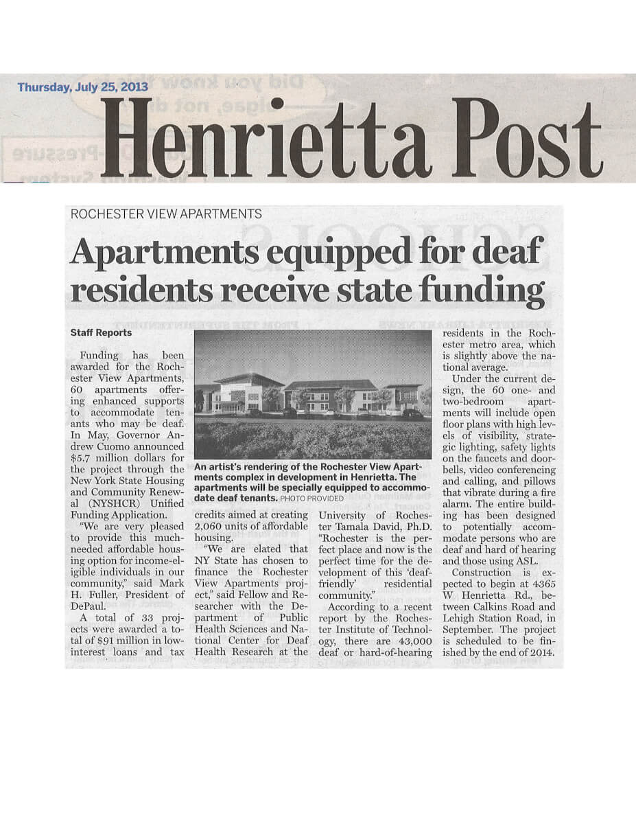 Rochester View Apartments Funding Awarded Article in the Henrietta Post July 2013