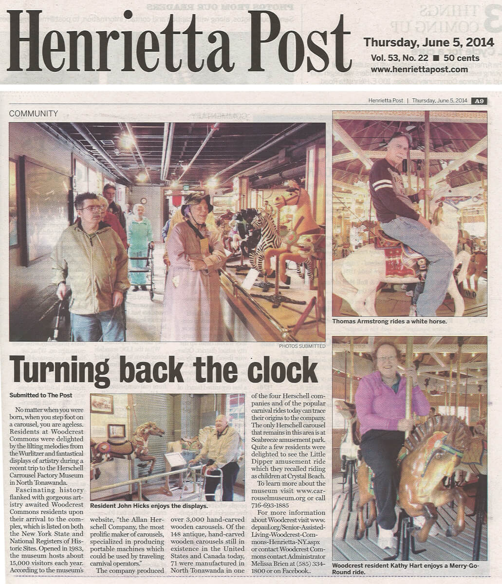 Woodcrest Commons Residents visit the Carousel Museum Story in the Henrietta Post June 5, 2014