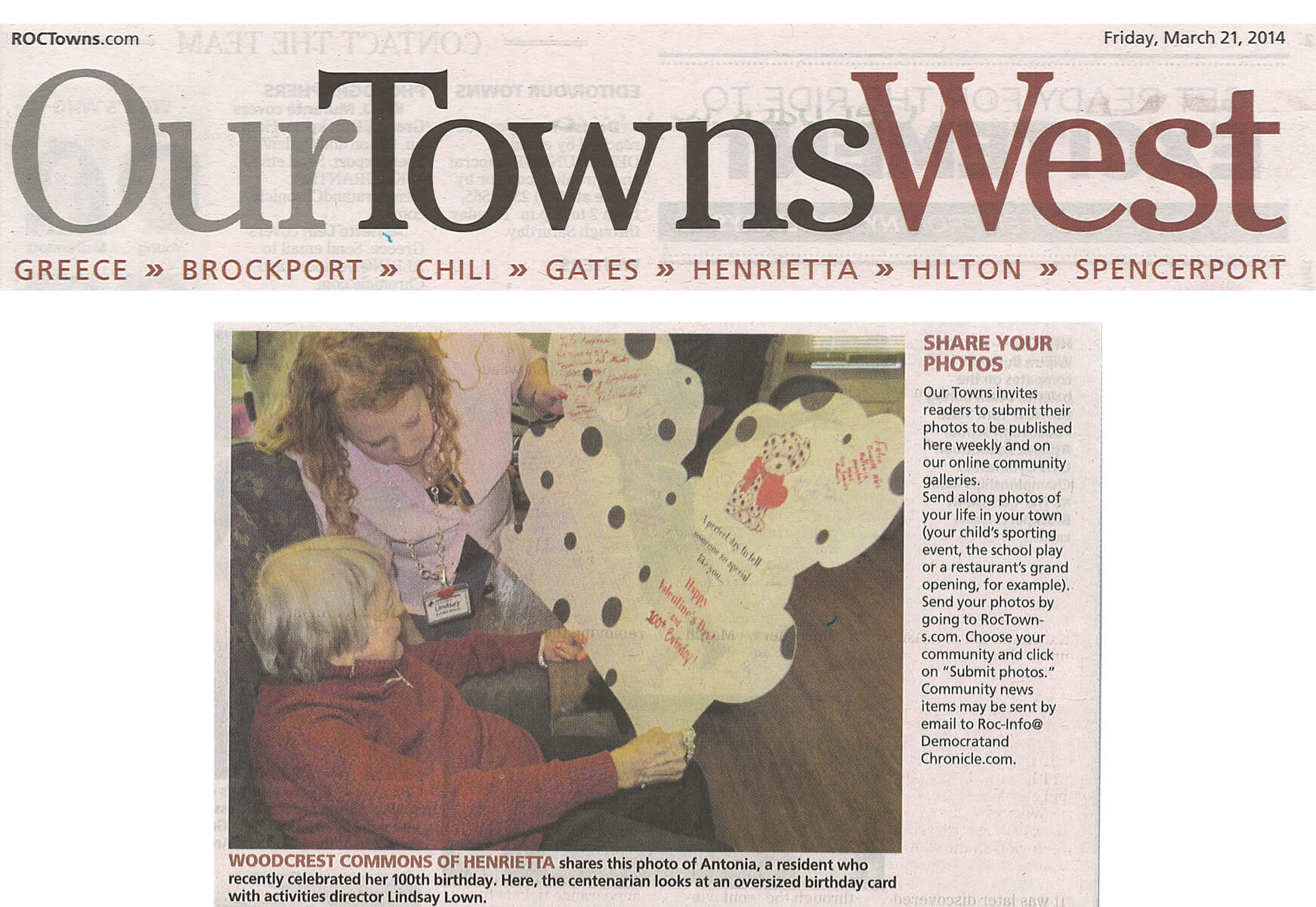 Woodcrest Commons Resident is a Centenarian on Valentine's Day, Story in OurTownsWest March 21, 2014