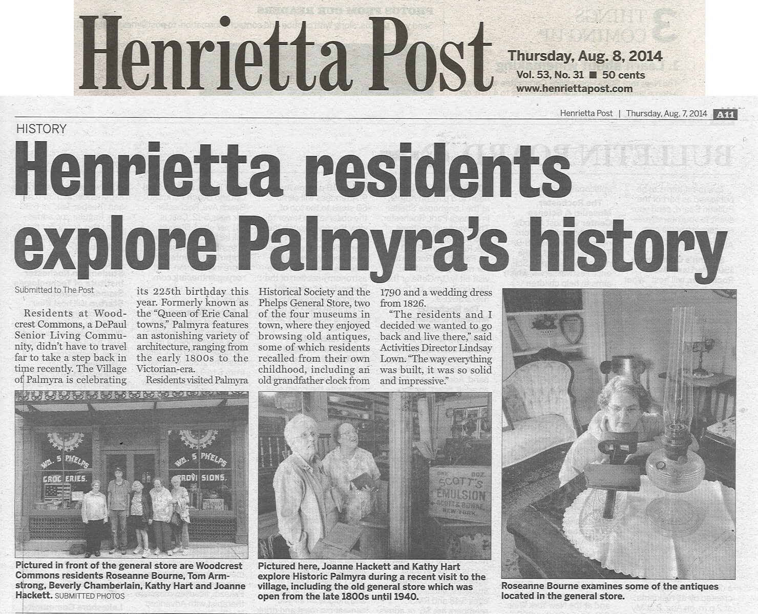 Woodcrest Commons Residents explore Historic Palmyra article in the Henrietta Post August 7, 2014