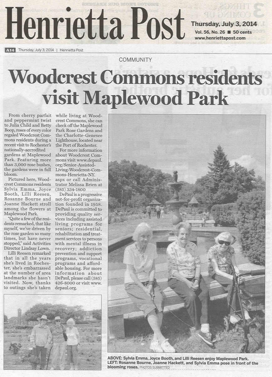 Woodcrest Commons residents visit Maplewood Rose Garden article in the Henrietta Post July 3, 2014